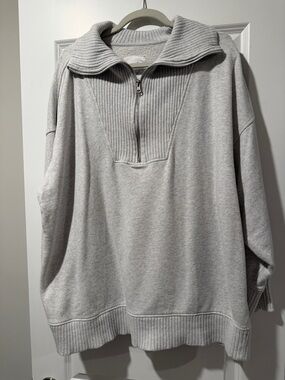 aerie Light Gray Half-Zip Ribbed Pullover Sweatshirt